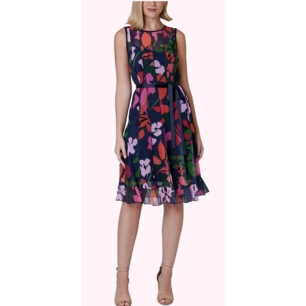 Jessica Howard Women Sz 12 Pet Dress Blue Floral Lined Ruffle Hem Sleeveless